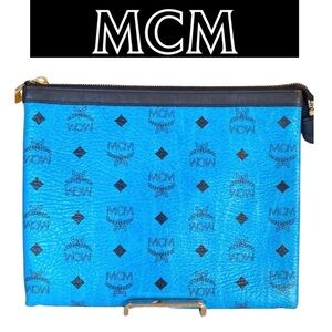 MCM Blue Visetos Zip Pouch, EUC